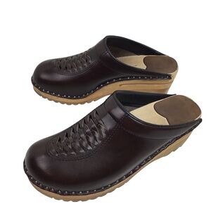 Troentorps Wright Woven Leather Wood Swedish Clogs Mules Brown